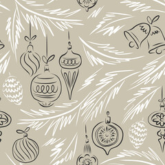 Vintage Xmas tree toys ornaments linear sketchy drawing vector seamless pattern. Winter holidays decorations background. Merry Christmas Happy New Year festive season print for gift wrapping paper.