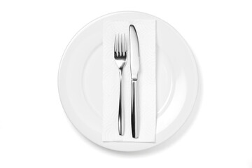 Empty plate with knife and fork isolated on a white background.
