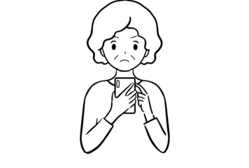 スマホを見て怒っているシニア女性のモノクロ線画イラスト