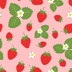 Seamless pattern with strawberries on pink background. Summer  vector illustration. Texture for print, textile, fabric, packaging.