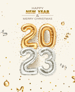 2023 golden decoration holiday on beige background. Shiny party background. Gold foil balloons numeral 2023 with realistic festive objects, glitter gold confetti and serpentine. 