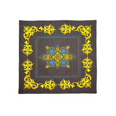 Fototapeta na wymiar Decorative cushion cover in gray with beautiful, chic yellow embroidery. Isolate on white.