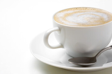 Cappuccino coffee in white coffee cup with saucer and spoon