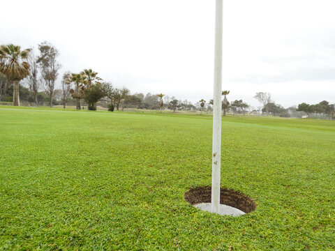 the photo of the hole in the golf course with the green background in the field