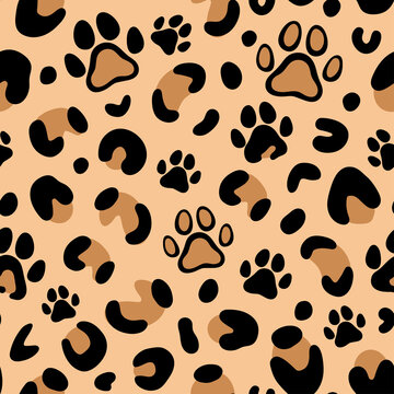 Leopard print with paw of dogs and cats. Cat paw pattern. Camouflage leopard vector seamless pattern on beige background. Leopard skin texture. Halloween pattern.