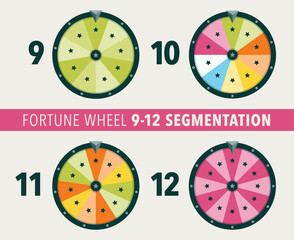 Collection of fortune wheel flat illustrations. 9, 10, 11 and 12 segmentation fortune wheel objects.