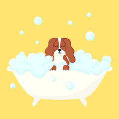 Dog in a bubble bath. Pet care. Bathing the dog in the bathroom. Vector illustration in cartoon style.