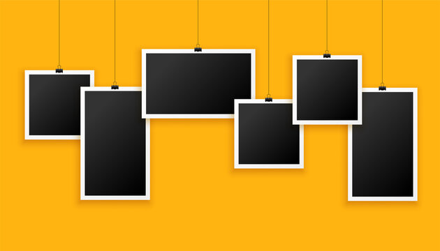 different shapes photo frames on yellow background