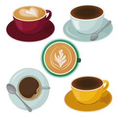 set of coffee cardboard cups in a flat style isolated on a white background. Suitable for coffee shops, cafes, restaurants, for illustrating breakfast