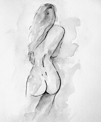 Beautiful nude girl, silhouette, hand-painted in watercolor on paper. Erotic watercolor illustration. Postcard design .Modern art.