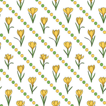 Seamless pattern with yellow crocus flowers, saffron. Vector background.