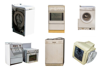 viele alte Elektrogeräte isoliert auf weißen HIntergrund