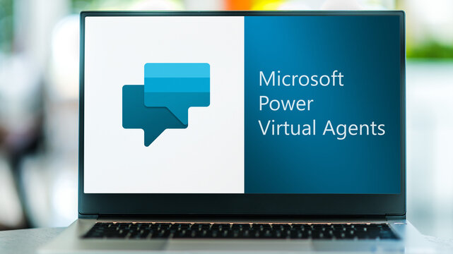 Laptop computer displaying logo of Microsoft Power Virtual Agent
