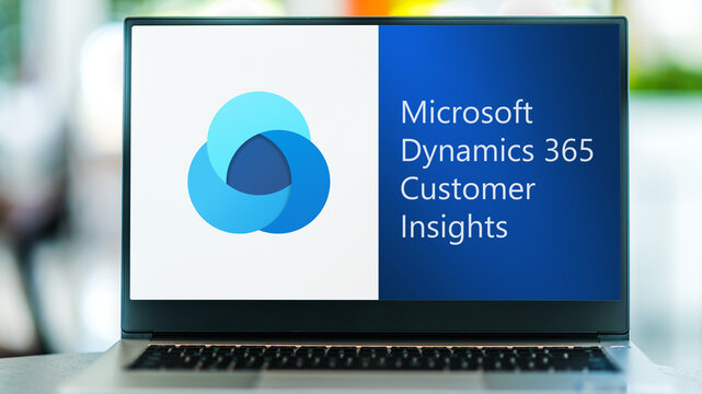 Computer with logo of Microsoft Dynamics 365 Customer Insights