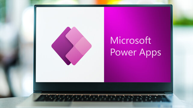 Laptop computer displaying logo of Microsoft Power Apps