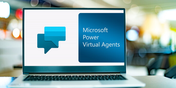 Laptop computer displaying logo of Microsoft Power Virtual Agent