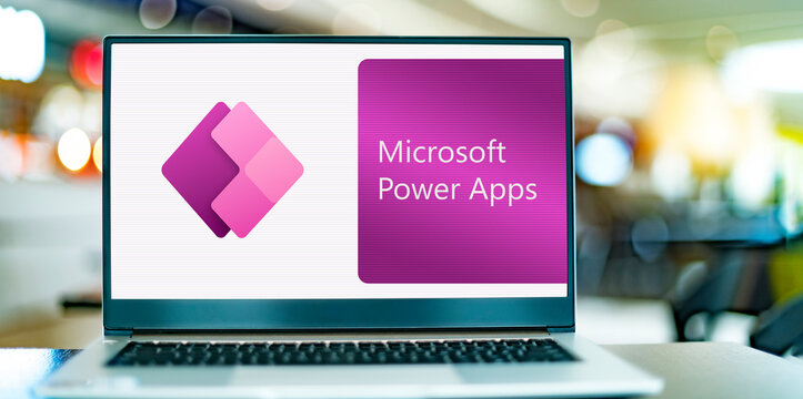 Laptop computer displaying logo of Microsoft Power Apps