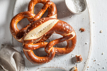 Delicious and salty pretzels as a salty snack.