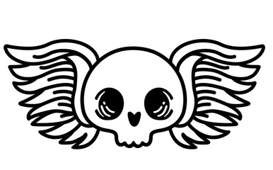 Scary human skull and the long wings. Skulls wings tattoo. Cute skull. Isolated vector illustration