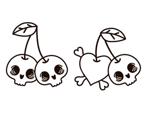 Sweet cherry skull set. Tattoo sketch. Halloween flat design. Halloween flat design. Valentines Day love card. Cartoon vector illustration.