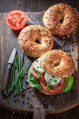 Fresh and healthy golden bagels for quick and fresh lunch.