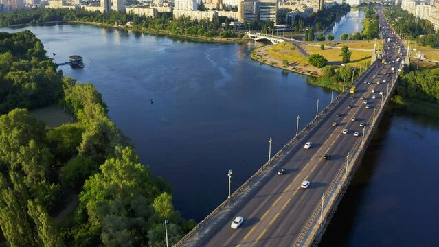 Aerial view of the Paton bridge in Kyiv, the capital of Ukraine. Kyiv panorama cityscape