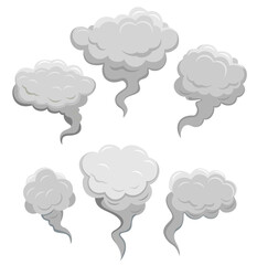 Set of stylized white clouds. Comic smoke streams, dust, smog and smoke steaming cloud silhouettes set. Wind silhouette, smoky explosion, comic book collection. Isolated vector illustration