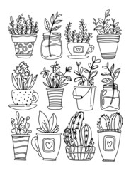 set of flowers Hand Drawing cute Doodle set of Domestic Plants in Pots. Line art Flowers. Use for stickers, coloring books, pages, pattern, print, design
