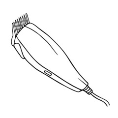 Electric clipper outline sketch isolated on white. Hair and beard cutting machine, black line doodle. Vector icon of professional hairdresser tool for hairdressing salon or barbershop concept.