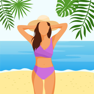 Woman wearing swimsuit and hat on the beach. Sea on background. Flat vector illustration