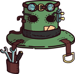Vector image of a top hat in steampunk style. Green cylinder with glasses and holes, bag for wrenches. It can be useful as a logo, a game image of a perdmet.