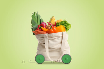 Shopping bag full of products on wheels against light green background. Order hurrying to client....