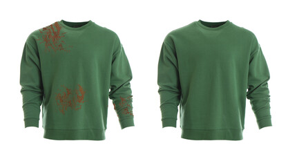 Stylish sweatshirt before and after washing on white background, collage. Dry-cleaning service