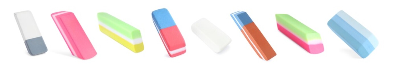 Collage of rubber erasers on white background. Banner design
