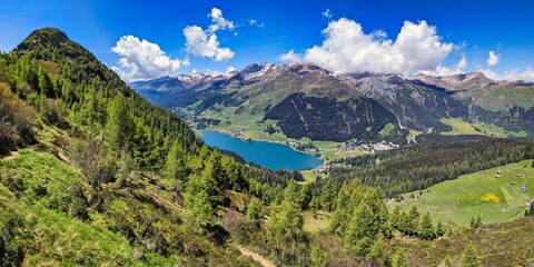 Panoramic view of lake davos. Fantastic mountains in spring. Hiking, trail running, mountain biking. Seehorn,Switzerland