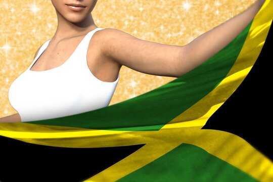 pretty woman holds Jamaica flag in front on the orange shining sparks background - flag concept 3d illustration