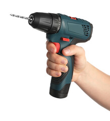 Man holding modern electric power drill on white background, closeup
