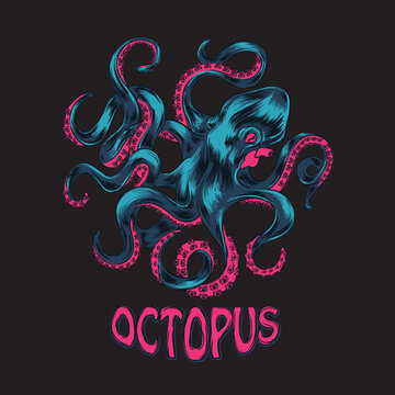 Octopus vector illustration. Blue pink octopus with lettering on black background.