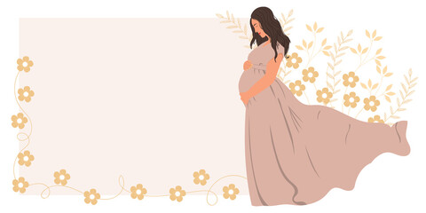 Frame with pregnant woman. Modern banner about pregnancy and motherhood.