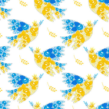 peace dove pattern. Blue and yellow bird. Vector illustration