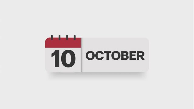 October 10 date on calendar page. 2D animation