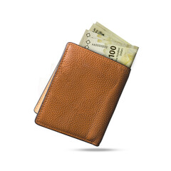3D rendering of 100 Bahamian dollar notes popping out of a brown leather men’s wallet. Bahamian dollar in wallet