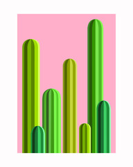 Desert landscape with green katu in the style of minimalism. Sunset in the Mexican desert. Silhouettes of cacti and plants. Desert landscape with cacti.
