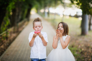 Cute romantic couple of kids with donuts. Brother and sister twins eat pink and chocolate donuts in summer outdoor