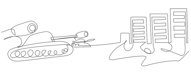 Doodle tanks near the city in one line on a white background. Attacking army in abstract style. Stock vector image.