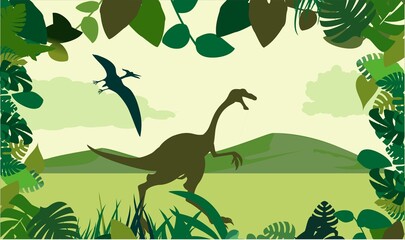 Dinosaurs and prehistoric world green plants silhouettes vector template