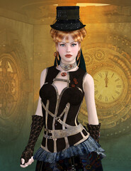 Beautiful steampunk girl with hat and gloves - 3D illustration - 507454107