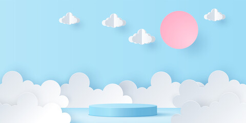 Vector 3d blue cylinder podium with abstract scene of blue sky, sun, and clouds in paper art style. Pastel background for product display, advertising, banner.
