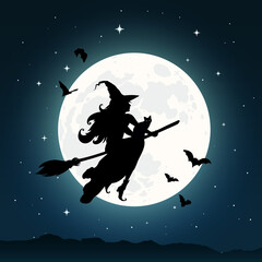 Silhouette of a beautiful witch flying on a broom against full moon light, wizard with cat and bats