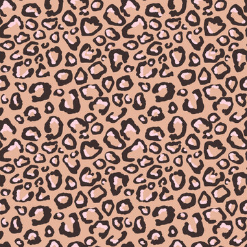 Leopard, cheetah skin print. Animal fur seamless pattern. Dark brown and pink spots on beige background repeat print. Wild life design for textile, fabric, wallpaper, wrapping paper, decoration.
